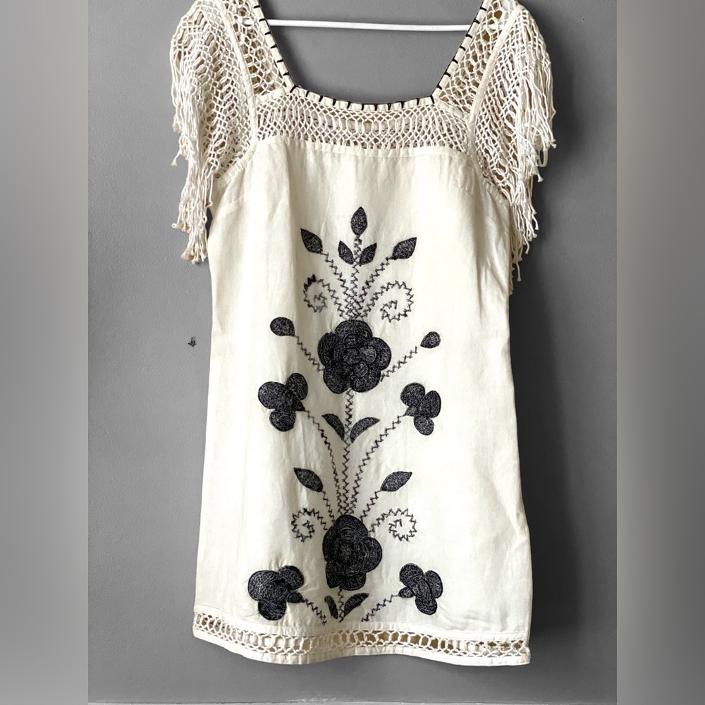 Free People Cream Mini Dress with Black Floral Embroidery - Picture 1 of 14